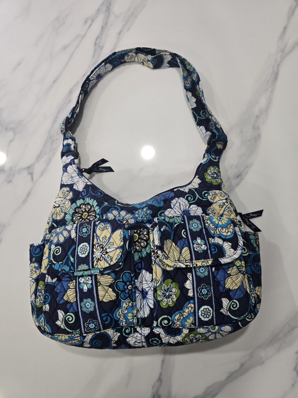 Vera Bradley Navy Floral Quilted Hobo Bag with Blue and Cream Accents